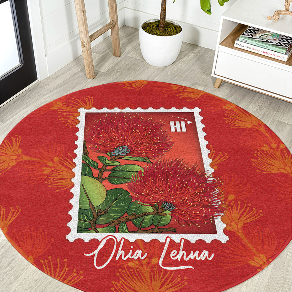 Aloha Hawaii Ohia Lehua Round Carpet Hawaiian Lei Stylized Stamp LT14 Red - Polynesian Pride