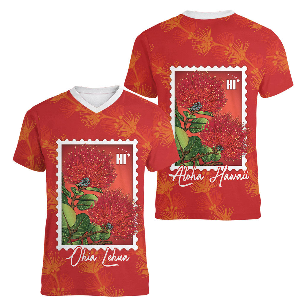 Aloha Hawaii Ohia Lehua Women V-Neck T-Shirt Hawaiian Lei Stylized Stamp