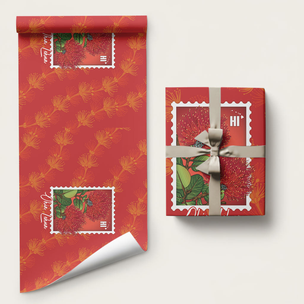 Aloha Hawaii Ohia Lehua Wrapping Paper Hawaiian Lei Stylized Stamp LT14 58" × 23" Red - Polynesian Pride