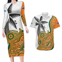 Custom Fiji And Australia Rugby Couples Matching Long Sleeve Bodycon Dress and Hawaiian Shirt Fijian Palm Tree Mix Aussie Kangaroo LT14 Gold - Polynesian Pride