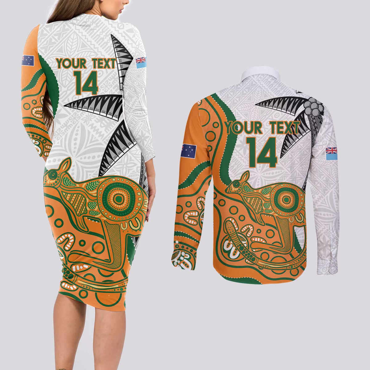 Custom Fiji And Australia Rugby Couples Matching Long Sleeve Bodycon Dress and Long Sleeve Button Shirt Fijian Palm Tree Mix Aussie Kangaroo LT14 - Polynesian Pride