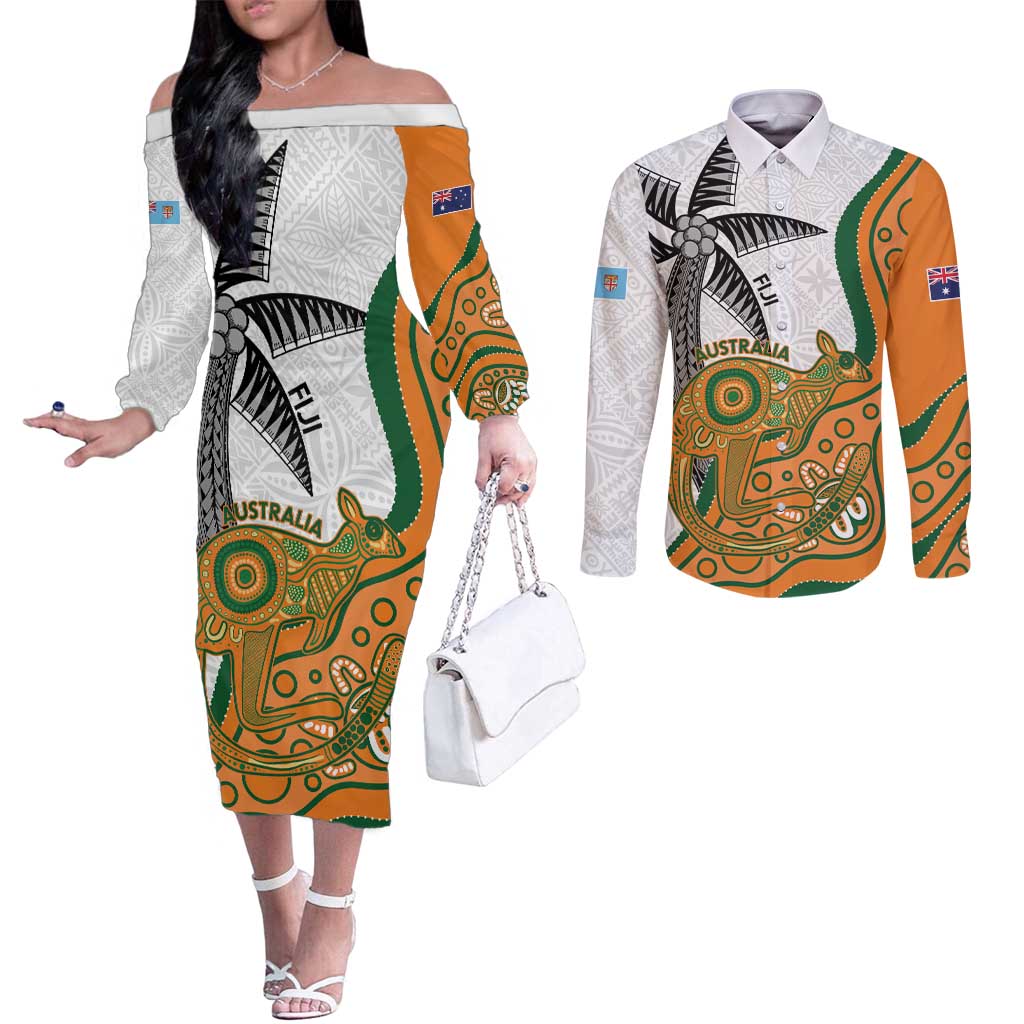 Custom Fiji And Australia Rugby Couples Matching Off The Shoulder Long Sleeve Dress and Long Sleeve Button Shirt Fijian Palm Tree Mix Aussie Kangaroo LT14 Gold - Polynesian Pride