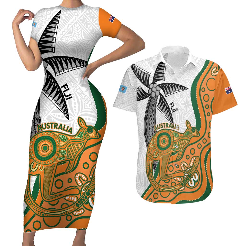 Custom Fiji And Australia Rugby Couples Matching Short Sleeve Bodycon Dress and Hawaiian Shirt Fijian Palm Tree Mix Aussie Kangaroo LT14 Gold - Polynesian Pride