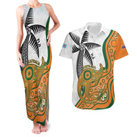 Custom Fiji And Australia Rugby Couples Matching Tank Maxi Dress and Hawaiian Shirt Fijian Palm Tree Mix Aussie Kangaroo LT14 Gold - Polynesian Pride