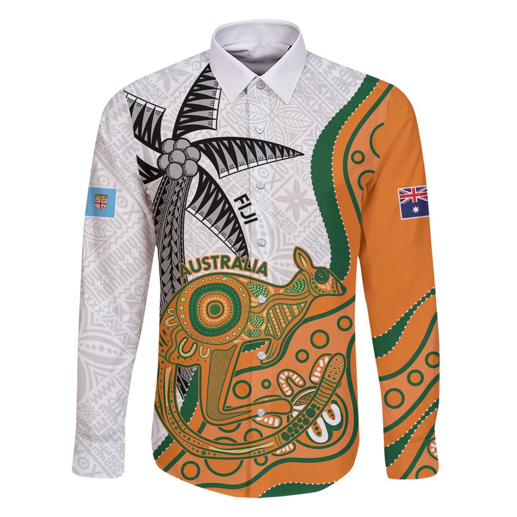 Custom Fiji And Australia Rugby Family Matching Mermaid Dress and Hawaiian Shirt Fijian Palm Tree Mix Aussie Kangaroo LT14 Dad's Shirt - Long Sleeve Gold - Polynesian Pride