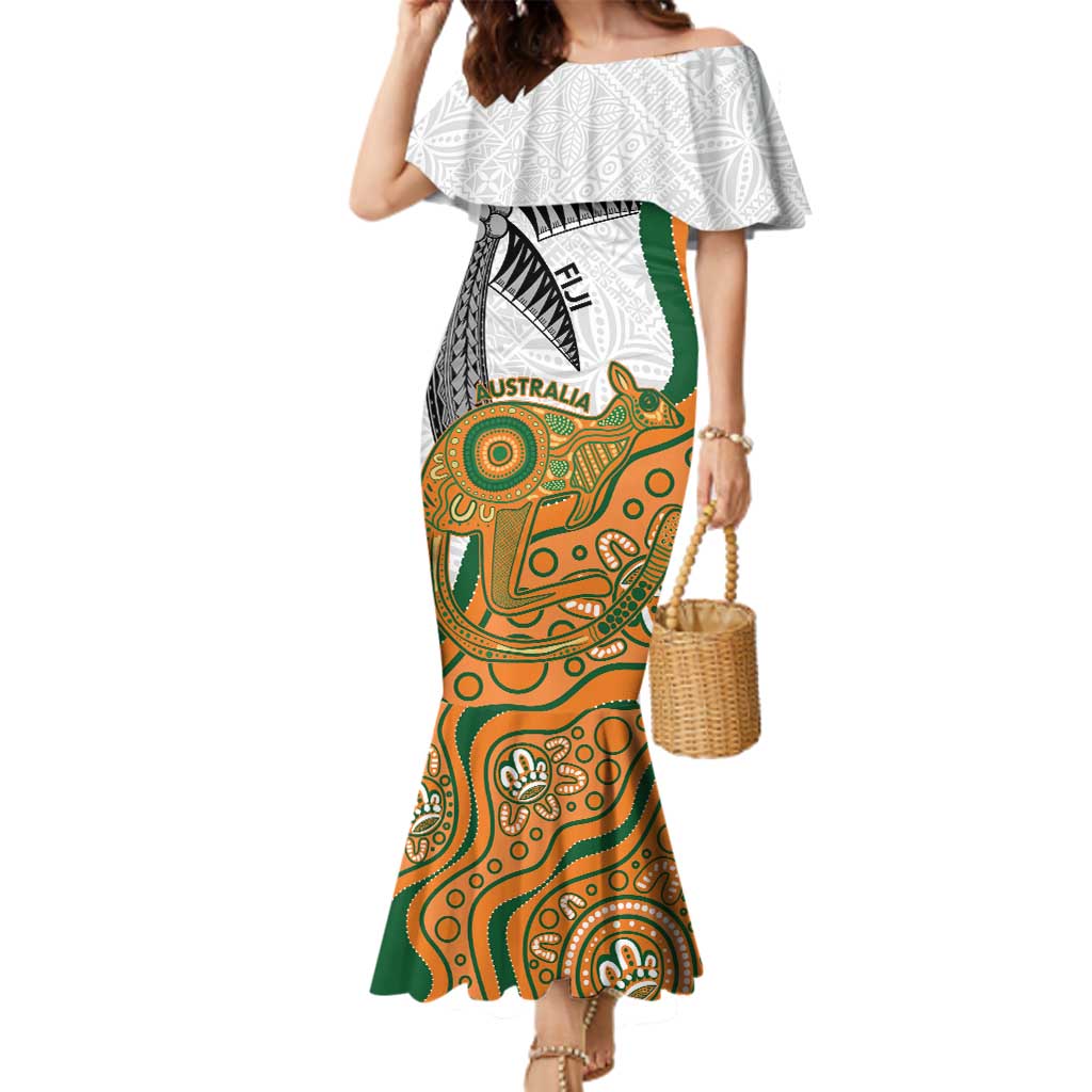 Custom Fiji And Australia Rugby Family Matching Mermaid Dress and Hawaiian Shirt Fijian Palm Tree Mix Aussie Kangaroo LT14 Mom's Dress Gold - Polynesian Pride