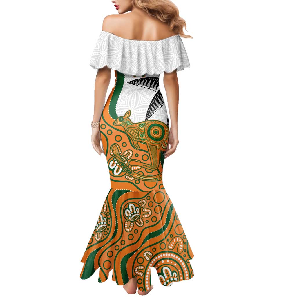 Custom Fiji And Australia Rugby Family Matching Mermaid Dress and Hawaiian Shirt Fijian Palm Tree Mix Aussie Kangaroo LT14 - Polynesian Pride