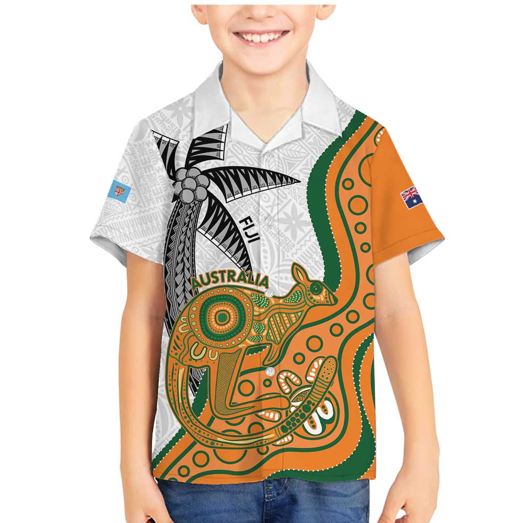 Custom Fiji And Australia Rugby Family Matching Mermaid Dress and Hawaiian Shirt Fijian Palm Tree Mix Aussie Kangaroo LT14 Son's Shirt Gold - Polynesian Pride