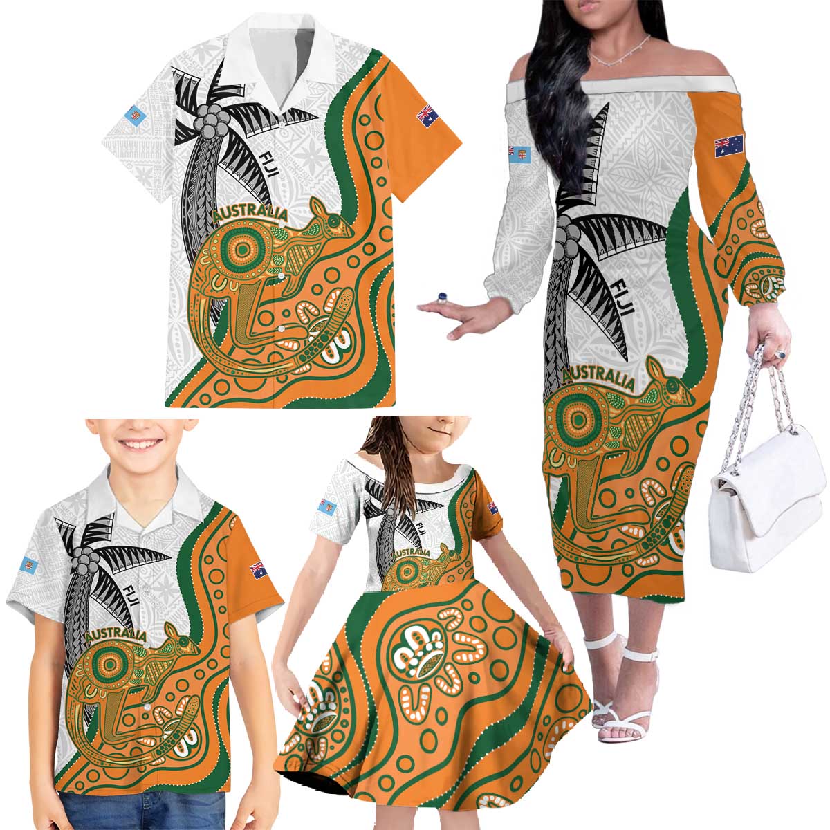 Custom Fiji And Australia Rugby Family Matching Off The Shoulder Long Sleeve Dress and Hawaiian Shirt Fijian Palm Tree Mix Aussie Kangaroo LT14 - Polynesian Pride