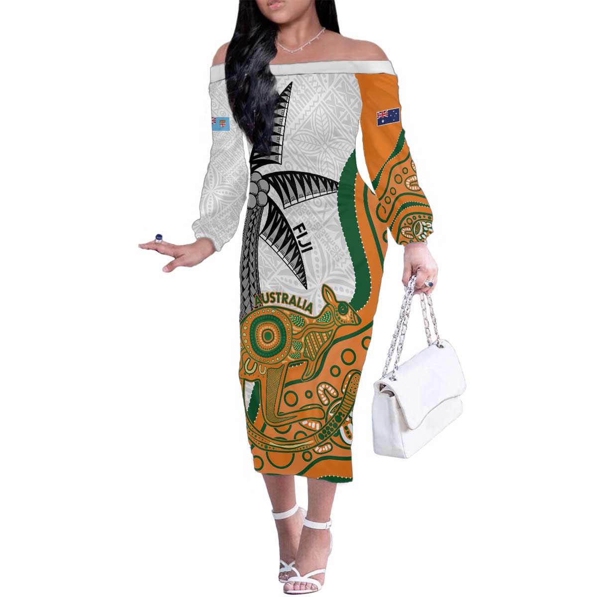 Custom Fiji And Australia Rugby Family Matching Off The Shoulder Long Sleeve Dress and Hawaiian Shirt Fijian Palm Tree Mix Aussie Kangaroo LT14 Mom's Dress Gold - Polynesian Pride