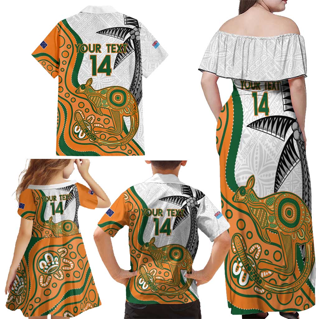 Custom Fiji And Australia Rugby Family Matching Off Shoulder Maxi Dress and Hawaiian Shirt Fijian Palm Tree Mix Aussie Kangaroo LT14 - Polynesian Pride