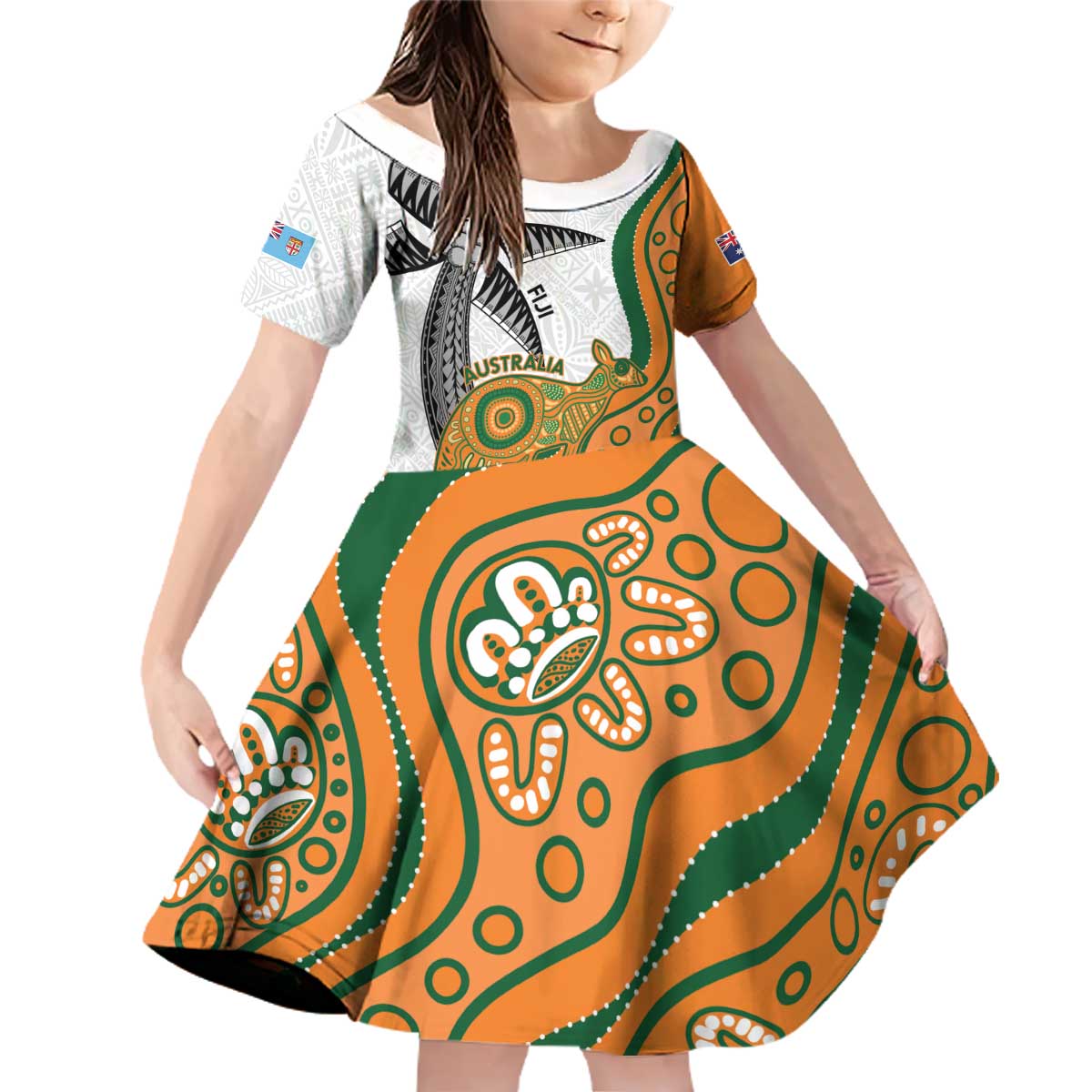 Custom Fiji And Australia Rugby Family Matching Off Shoulder Short Dress and Hawaiian Shirt Fijian Palm Tree Mix Aussie Kangaroo LT14 Daughter's Dress Gold - Polynesian Pride
