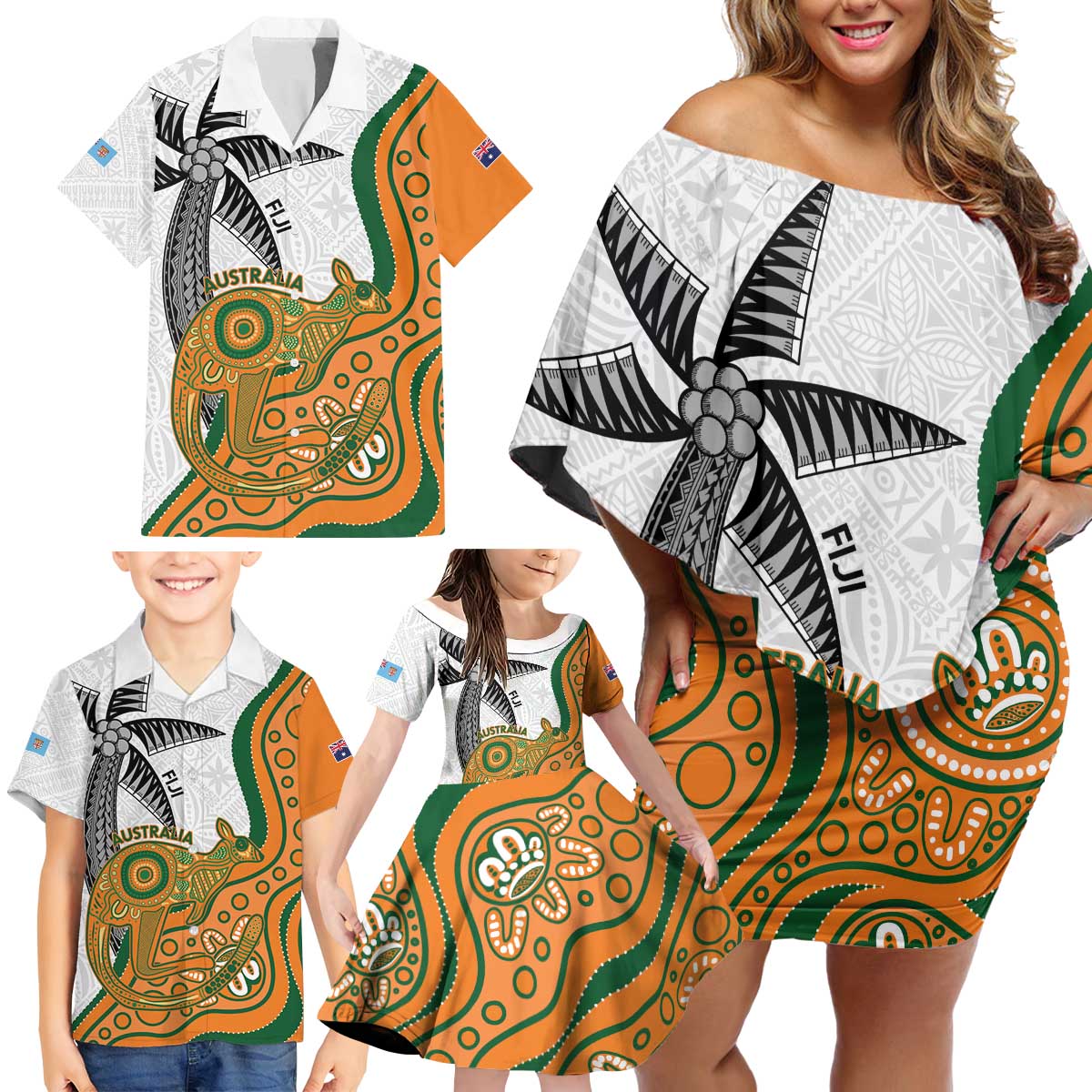 Custom Fiji And Australia Rugby Family Matching Off Shoulder Short Dress and Hawaiian Shirt Fijian Palm Tree Mix Aussie Kangaroo LT14 - Polynesian Pride