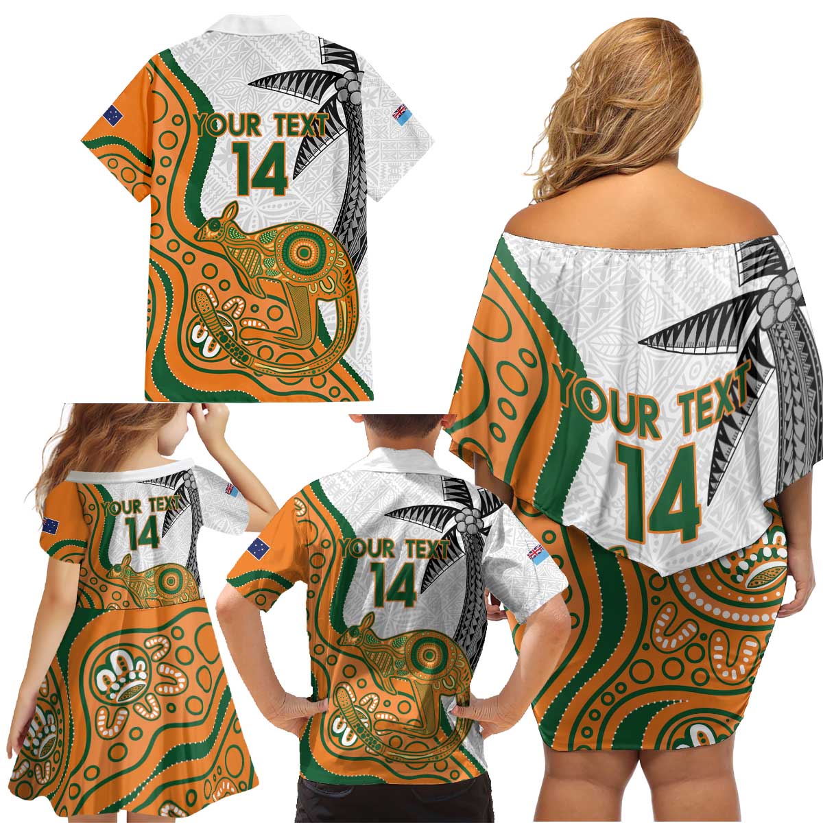 Custom Fiji And Australia Rugby Family Matching Off Shoulder Short Dress and Hawaiian Shirt Fijian Palm Tree Mix Aussie Kangaroo LT14 - Polynesian Pride