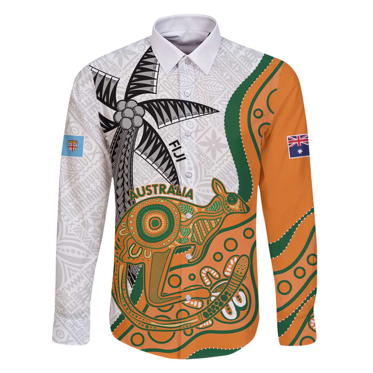 Custom Fiji And Australia Rugby Family Matching Off Shoulder Short Dress and Hawaiian Shirt Fijian Palm Tree Mix Aussie Kangaroo LT14 Dad's Shirt - Long Sleeve Gold - Polynesian Pride