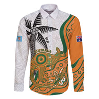 Custom Fiji And Australia Rugby Family Matching Off Shoulder Short Dress and Hawaiian Shirt Fijian Palm Tree Mix Aussie Kangaroo LT14 Dad's Shirt - Long Sleeve Gold - Polynesian Pride