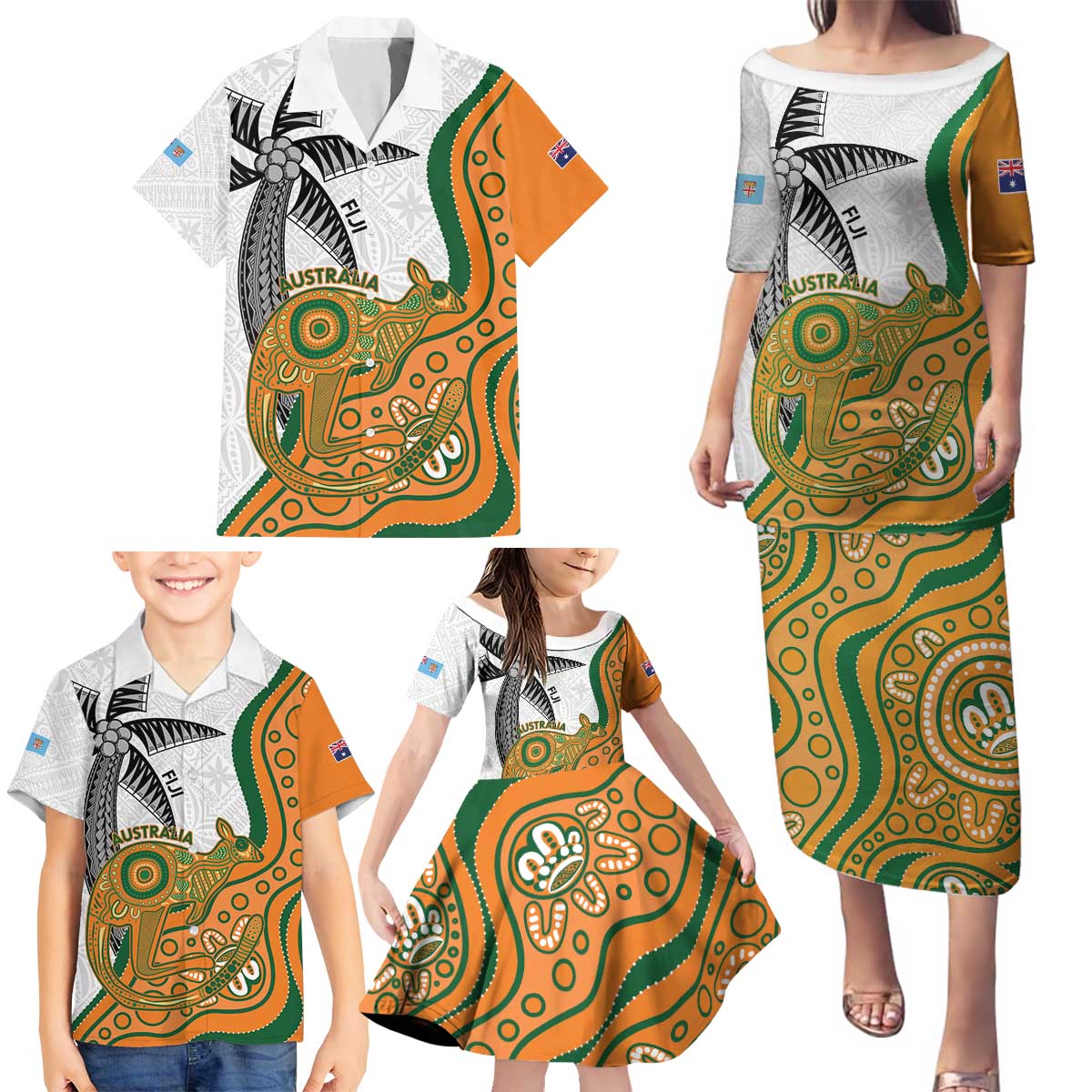 Custom Fiji And Australia Rugby Family Matching Puletasi and Hawaiian Shirt Fijian Palm Tree Mix Aussie Kangaroo LT14 - Polynesian Pride