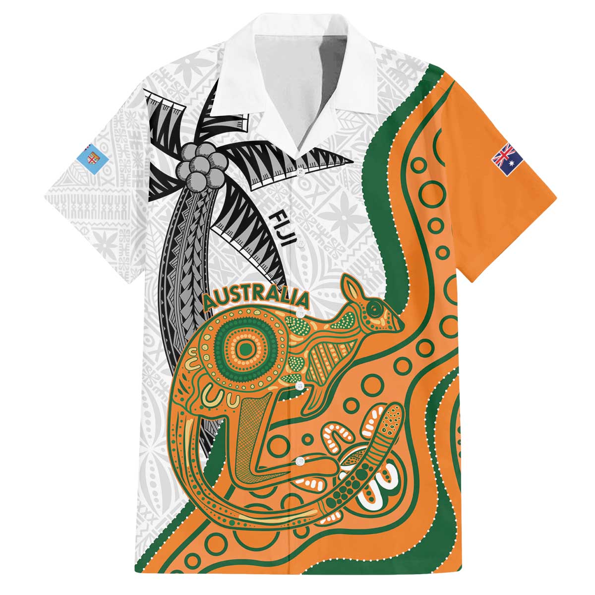 Custom Fiji And Australia Rugby Family Matching Puletasi and Hawaiian Shirt Fijian Palm Tree Mix Aussie Kangaroo LT14 Dad's Shirt - Short Sleeve Gold - Polynesian Pride