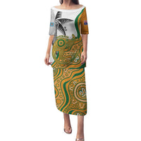 Custom Fiji And Australia Rugby Family Matching Puletasi and Hawaiian Shirt Fijian Palm Tree Mix Aussie Kangaroo LT14 Mom's Dress Gold - Polynesian Pride