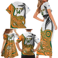 Custom Fiji And Australia Rugby Family Matching Short Sleeve Bodycon Dress and Hawaiian Shirt Fijian Palm Tree Mix Aussie Kangaroo LT14 - Polynesian Pride