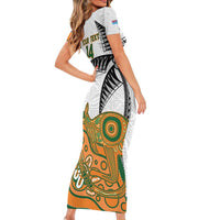 Custom Fiji And Australia Rugby Family Matching Short Sleeve Bodycon Dress and Hawaiian Shirt Fijian Palm Tree Mix Aussie Kangaroo LT14 - Polynesian Pride