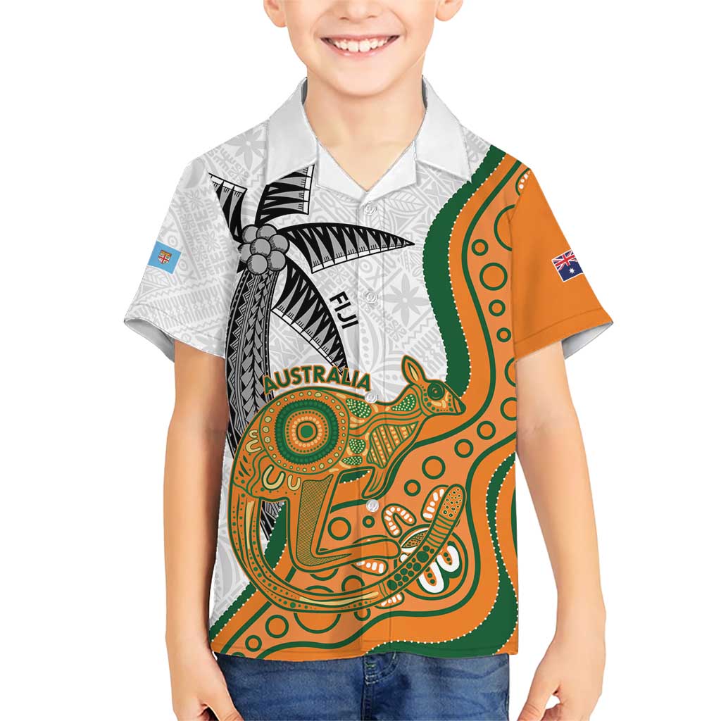 Custom Fiji And Australia Rugby Family Matching Short Sleeve Bodycon Dress and Hawaiian Shirt Fijian Palm Tree Mix Aussie Kangaroo LT14 Son's Shirt Gold - Polynesian Pride