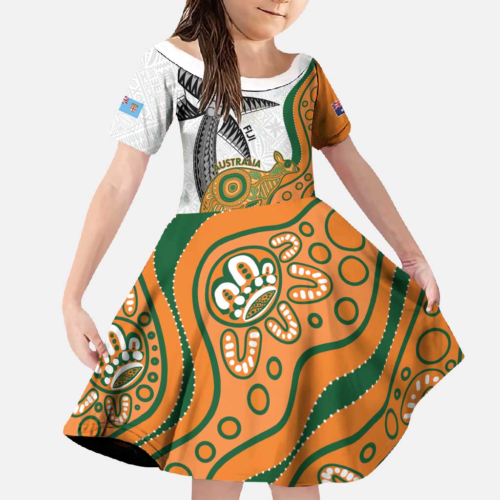 Custom Fiji And Australia Rugby Family Matching Summer Maxi Dress and Hawaiian Shirt Fijian Palm Tree Mix Aussie Kangaroo LT14 Daughter's Dress Gold - Polynesian Pride