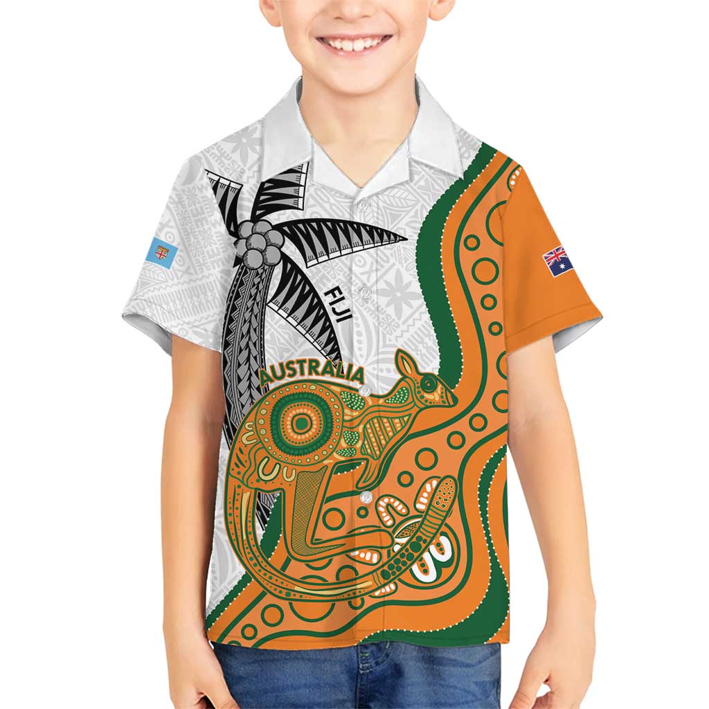 Custom Fiji And Australia Rugby Family Matching Summer Maxi Dress and Hawaiian Shirt Fijian Palm Tree Mix Aussie Kangaroo LT14 Son's Shirt Gold - Polynesian Pride