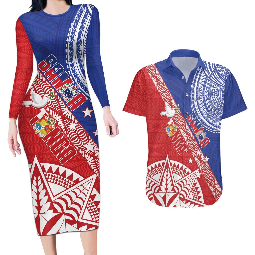 Tonga and Samoa Rugby Custom Couples Matching Long Sleeve Bodycon Dress and Hawaiian Shirt Ikale Tahi Manu Samoa Together - Polynesian Pride
