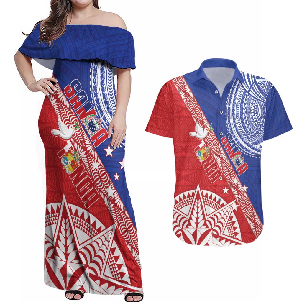 Tonga and Samoa Rugby Custom Couples Matching Off Shoulder Maxi Dress and Hawaiian Shirt Ikale Tahi Manu Samoa Together - Polynesian Pride