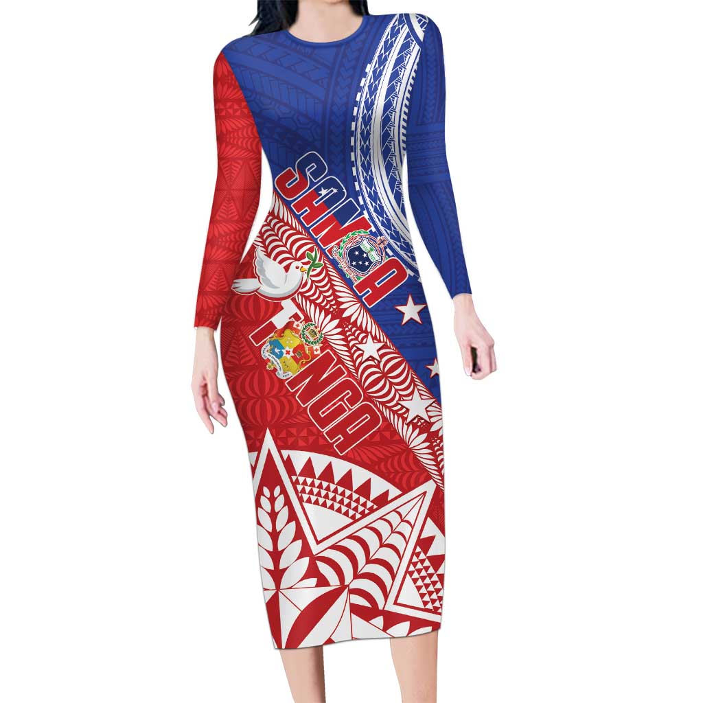 Tonga and Samoa Rugby Custom Family Matching Long Sleeve Bodycon Dress and Hawaiian Shirt Ikale Tahi Manu Samoa Together - Polynesian Pride