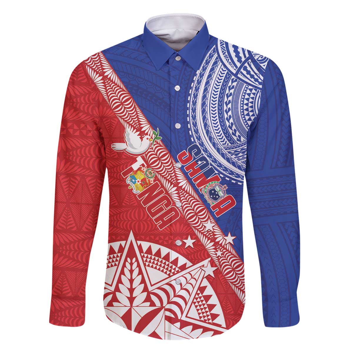 Tonga and Samoa Rugby Custom Family Matching Off The Shoulder Long Sleeve Dress and Hawaiian Shirt Ikale Tahi Manu Samoa Together LT14 Dad's Shirt - Long Sleeve Red - Polynesian Pride