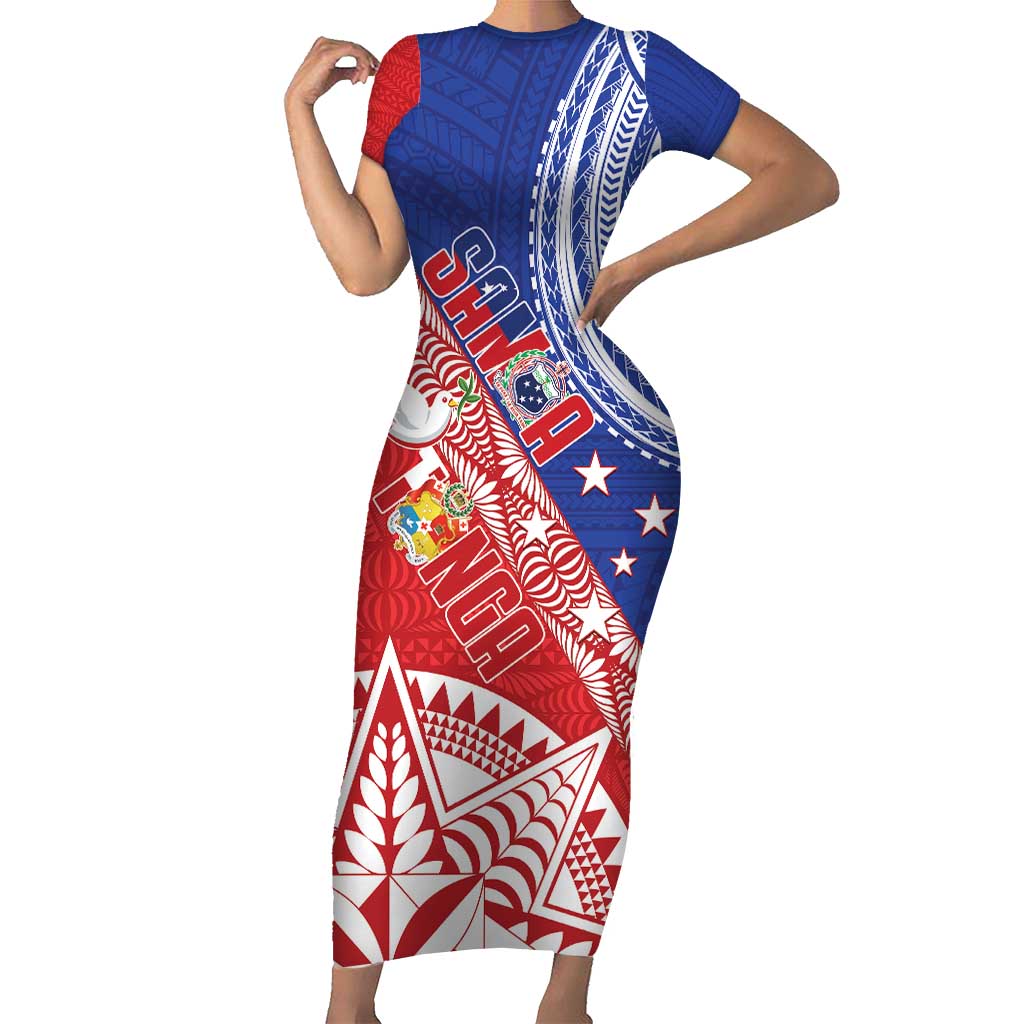 Tonga and Samoa Rugby Custom Family Matching Short Sleeve Bodycon Dress and Hawaiian Shirt Ikale Tahi Manu Samoa Together - Polynesian Pride