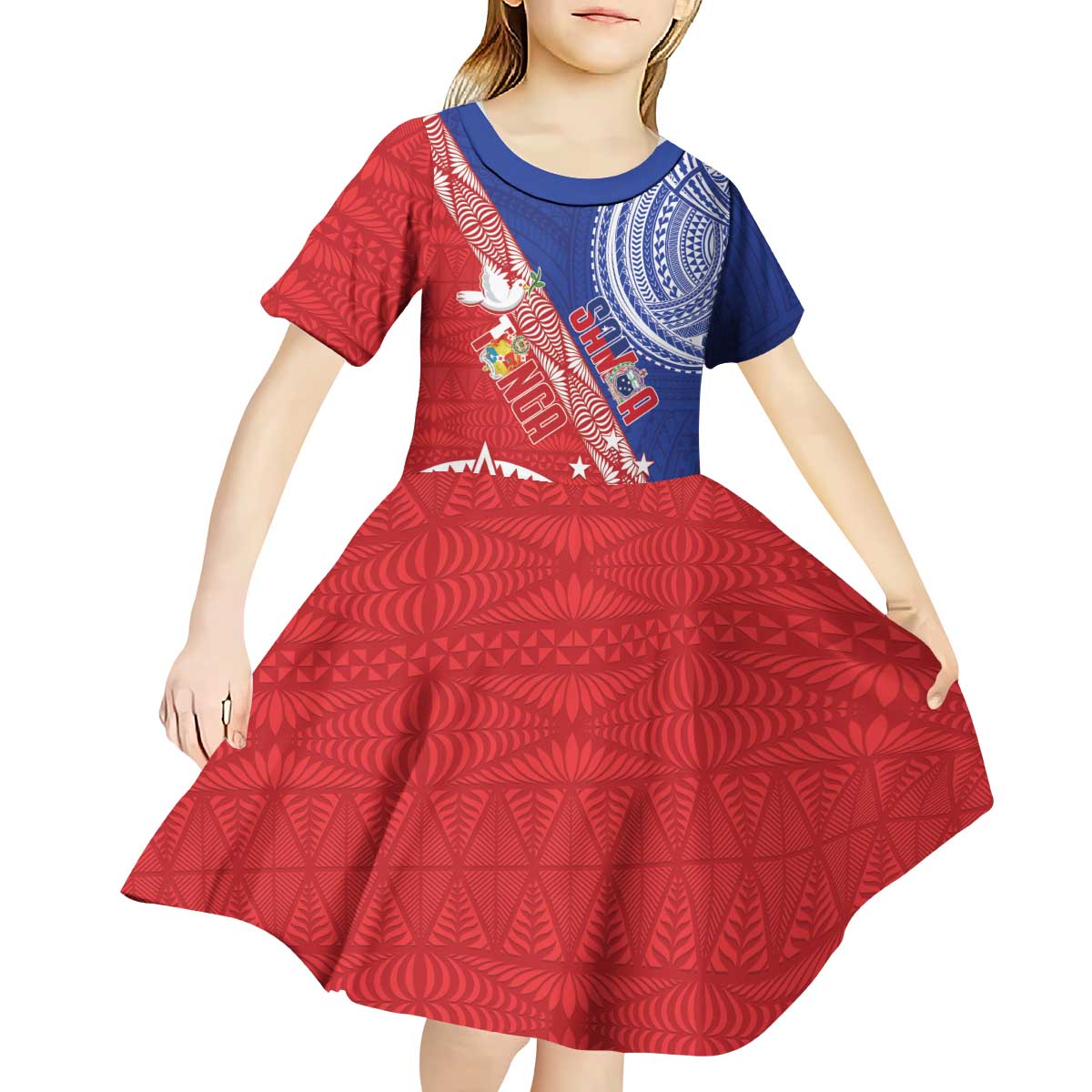 Tonga and Samoa Rugby Custom Kid Short Sleeve Dress Ikale Tahi Manu Samoa Together - Polynesian Pride