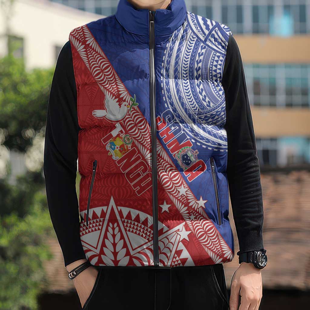 Tonga and Samoa Rugby Custom Sleeveless Puffer Jacket Ikale Tahi Manu Samoa Together - Polynesian Pride