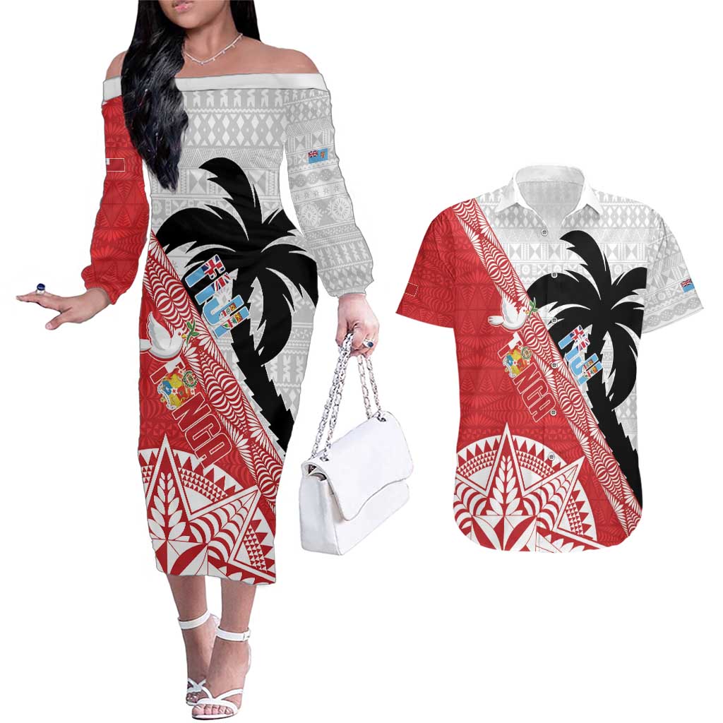 Fiji and Tonga Rugby Custom Couples Matching Off The Shoulder Long Sleeve Dress and Hawaiian Shirt Flying Fijians Ikale Tahi Together Pacific LT14 Red - Polynesian Pride