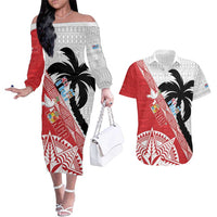 Fiji and Tonga Rugby Custom Couples Matching Off The Shoulder Long Sleeve Dress and Hawaiian Shirt Flying Fijians Ikale Tahi Together Pacific LT14 Red - Polynesian Pride