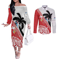 Fiji and Tonga Rugby Custom Couples Matching Off The Shoulder Long Sleeve Dress and Long Sleeve Button Shirt Flying Fijians Ikale Tahi Together Pacific LT14 Red - Polynesian Pride