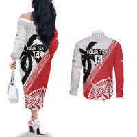 Fiji and Tonga Rugby Custom Couples Matching Off The Shoulder Long Sleeve Dress and Long Sleeve Button Shirt Flying Fijians Ikale Tahi Together Pacific LT14 - Polynesian Pride