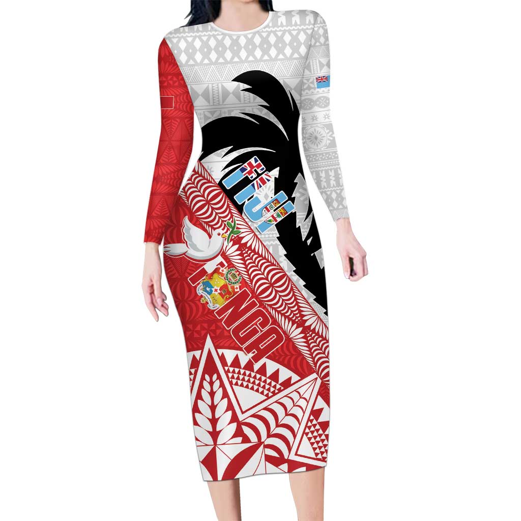 Fiji and Tonga Rugby Custom Family Matching Long Sleeve Bodycon Dress and Hawaiian Shirt Flying Fijians Ikale Tahi Together Pacific LT14 Mom's Dress Red - Polynesian Pride