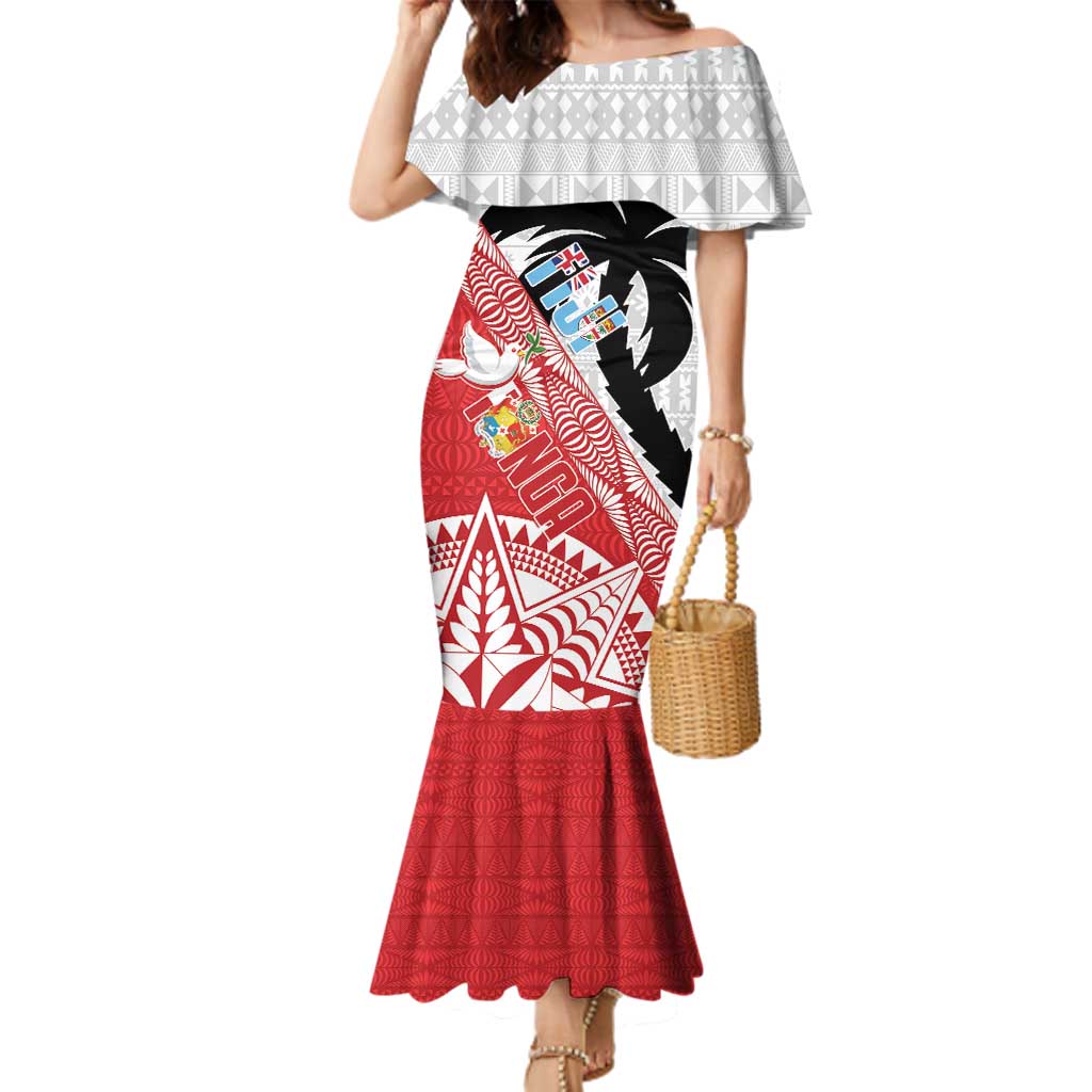 Fiji and Tonga Rugby Custom Family Matching Mermaid Dress and Hawaiian Shirt Flying Fijians Ikale Tahi Together Pacific LT14 Mom's Dress Red - Polynesian Pride