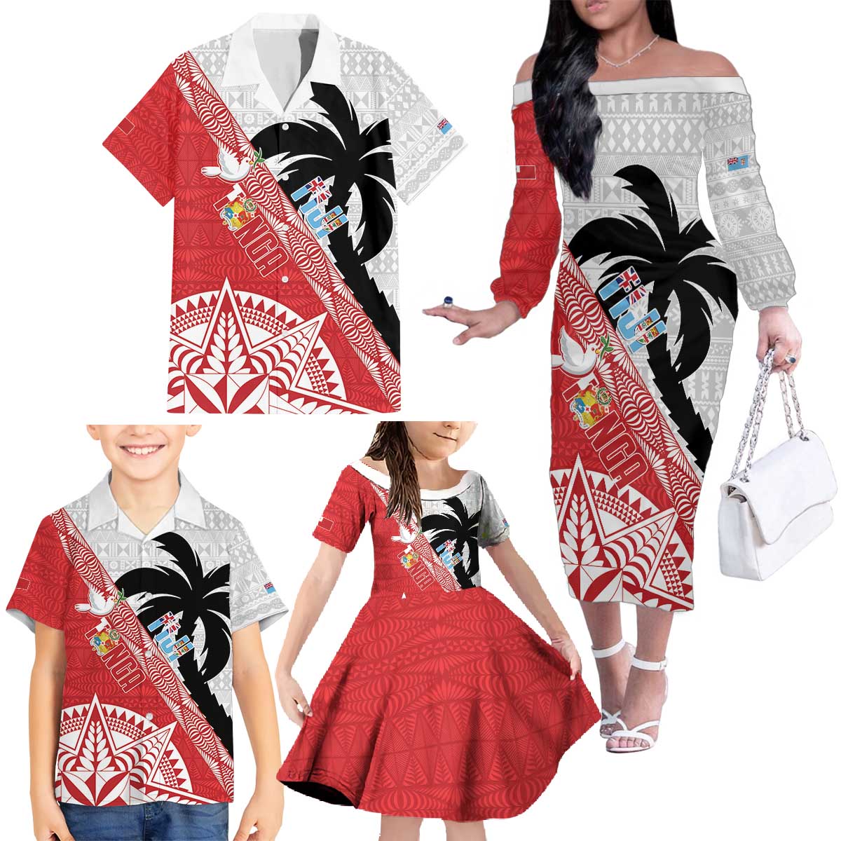 Fiji and Tonga Rugby Custom Family Matching Off The Shoulder Long Sleeve Dress and Hawaiian Shirt Flying Fijians Ikale Tahi Together Pacific LT14 - Polynesian Pride