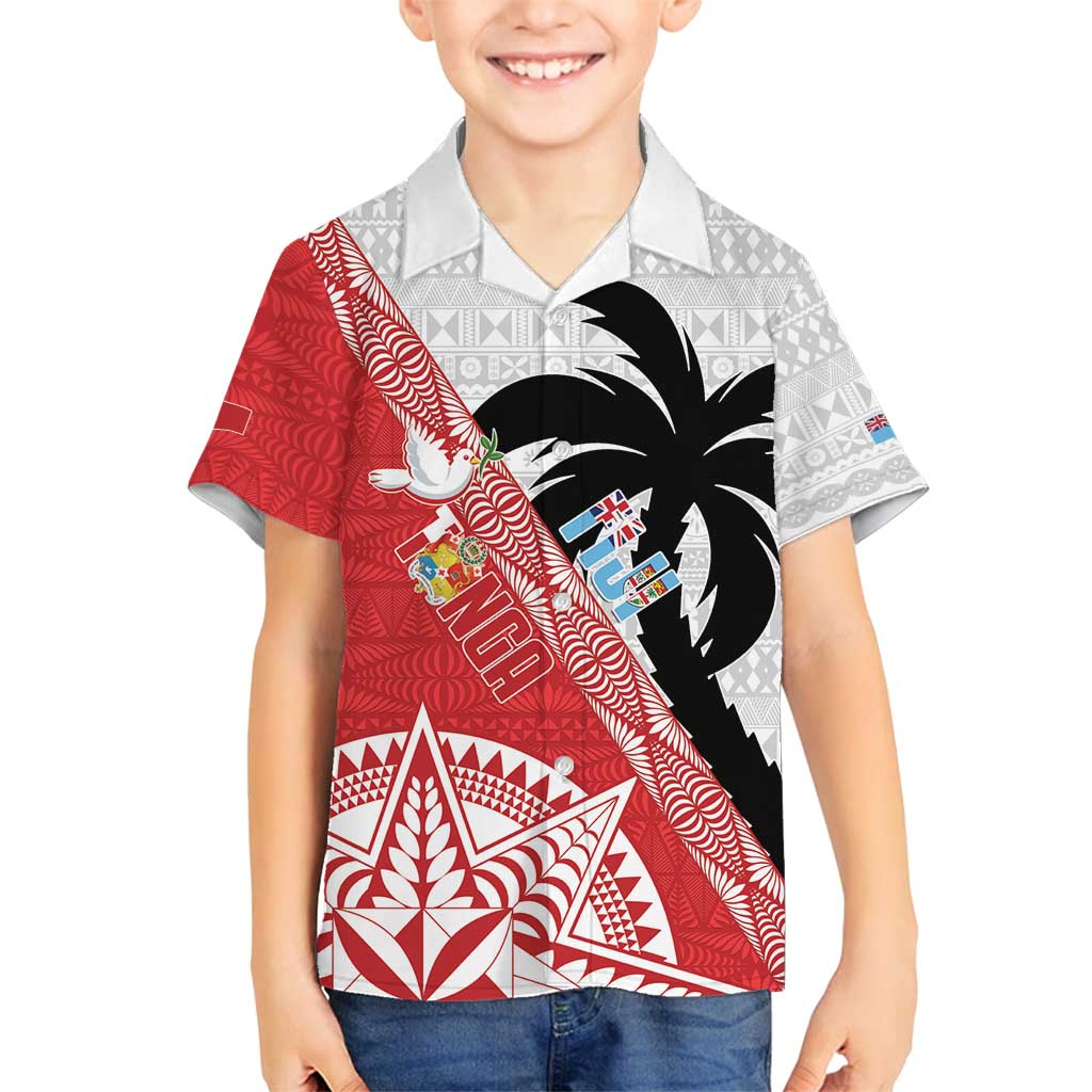 Fiji and Tonga Rugby Custom Family Matching Off Shoulder Maxi Dress and Hawaiian Shirt Flying Fijians Ikale Tahi Together Pacific LT14 Son's Shirt Red - Polynesian Pride