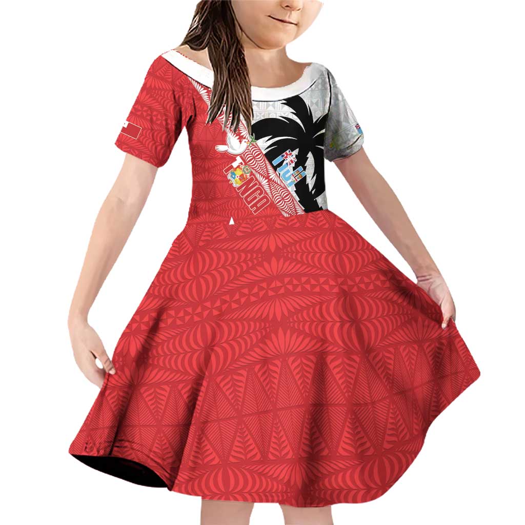Fiji and Tonga Rugby Custom Family Matching Off Shoulder Short Dress and Hawaiian Shirt Flying Fijians Ikale Tahi Together Pacific LT14 Daughter's Dress Red - Polynesian Pride
