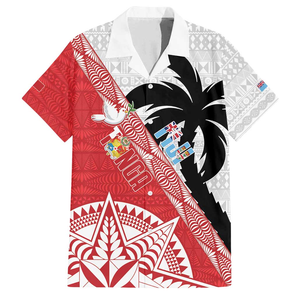 Fiji and Tonga Rugby Custom Family Matching Off Shoulder Short Dress and Hawaiian Shirt Flying Fijians Ikale Tahi Together Pacific LT14 Dad's Shirt - Short Sleeve Red - Polynesian Pride