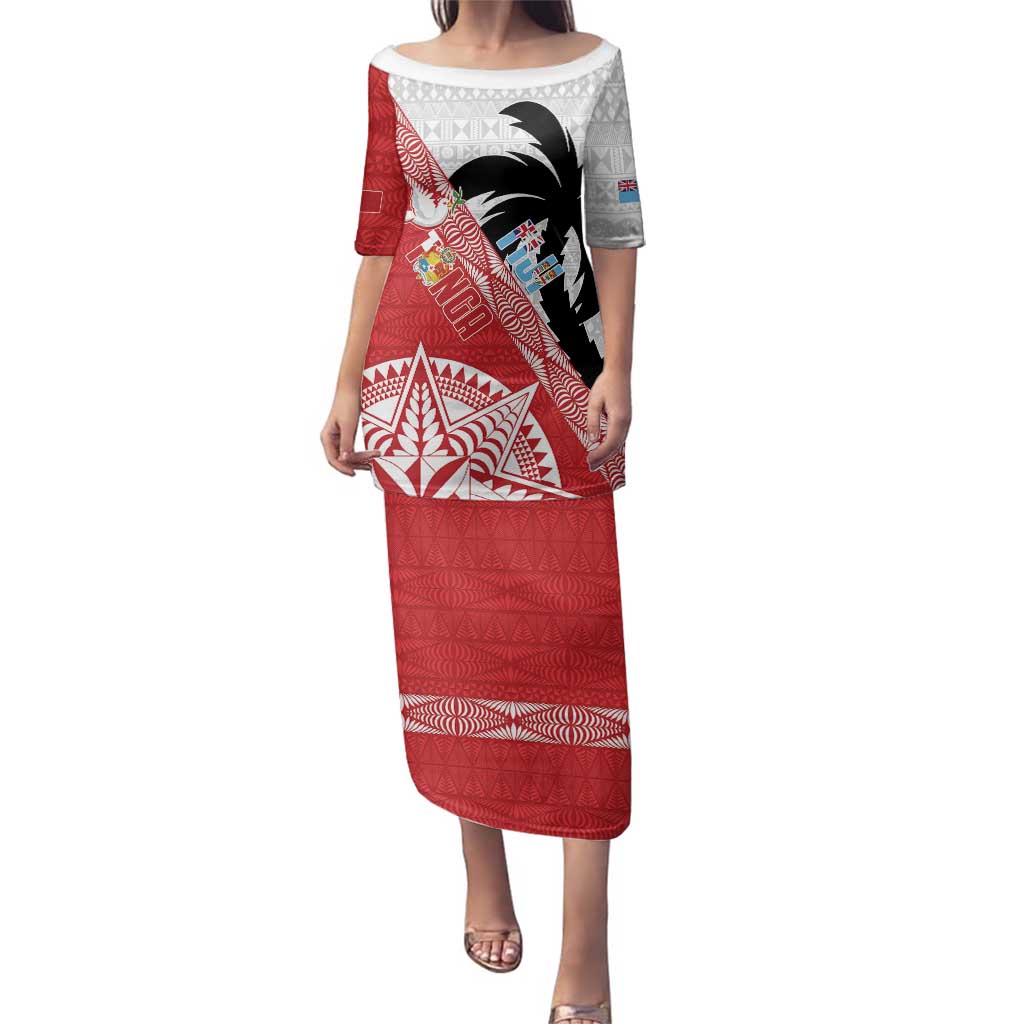 Fiji and Tonga Rugby Custom Family Matching Puletasi and Hawaiian Shirt Flying Fijians Ikale Tahi Together Pacific LT14 Mom's Dress Red - Polynesian Pride