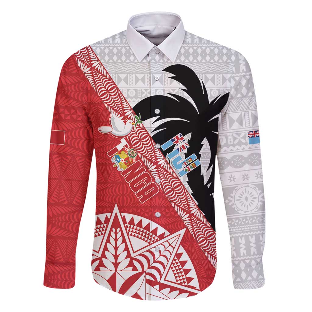 Fiji and Tonga Rugby Custom Family Matching Summer Maxi Dress and Hawaiian Shirt Flying Fijians Ikale Tahi Together Pacific LT14 Dad's Shirt - Long Sleeve Red - Polynesian Pride