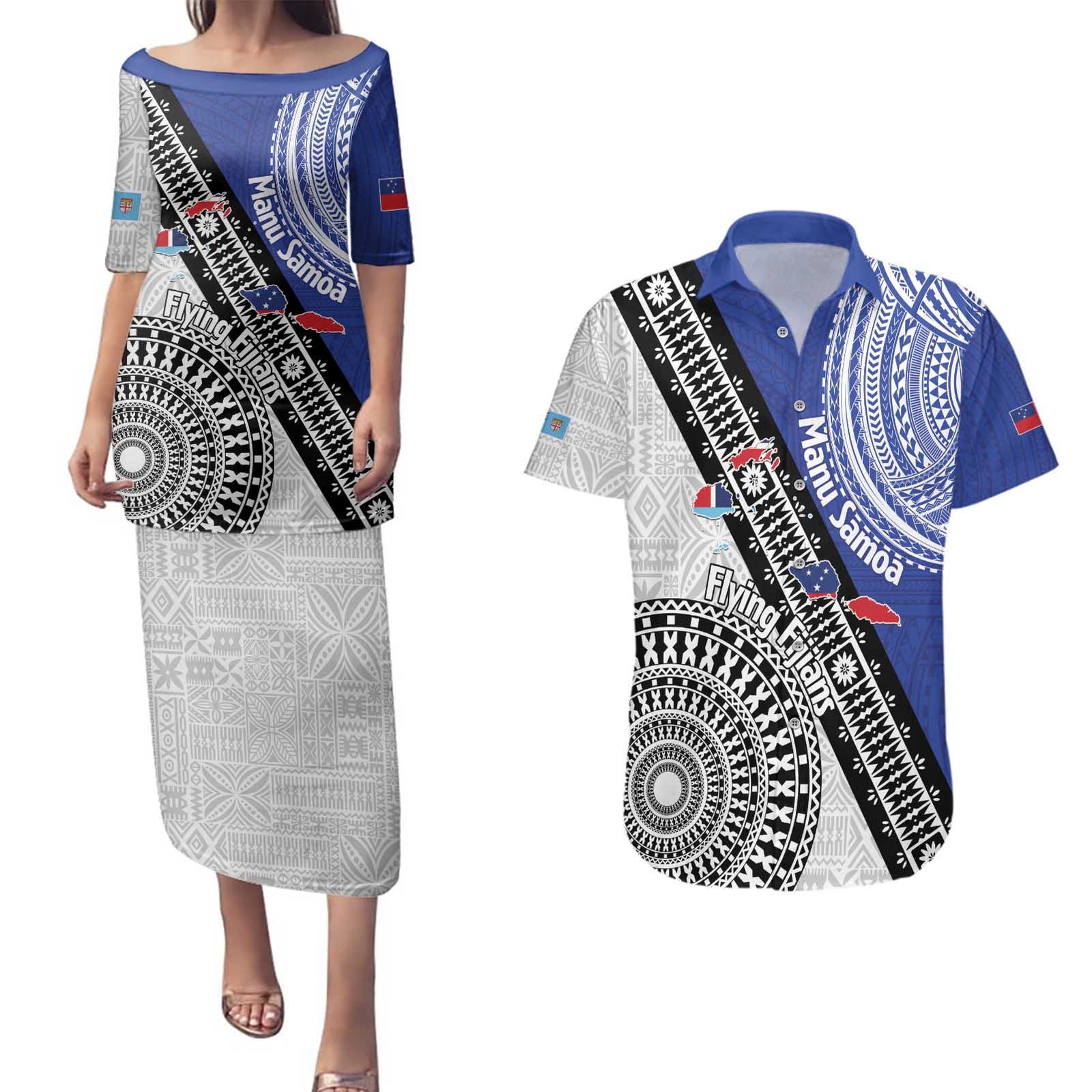 Fiji an Samoa Rugby Custom Couples Matching Puletasi and Hawaiian Shirt Flying Fijians Manu Samoa Together Pacific - Polynesian Pride