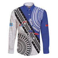 Fiji an Samoa Rugby Custom Family Matching Long Sleeve Bodycon Dress and Hawaiian Shirt Flying Fijians Manu Samoa Together Pacific LT14 Dad's Shirt - Long Sleeve Blue - Polynesian Pride