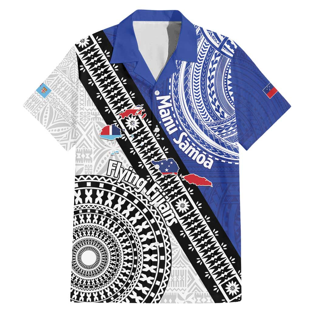 Fiji an Samoa Rugby Custom Family Matching Mermaid Dress and Hawaiian Shirt Flying Fijians Manu Samoa Together Pacific LT14 Dad's Shirt - Short Sleeve Blue - Polynesian Pride